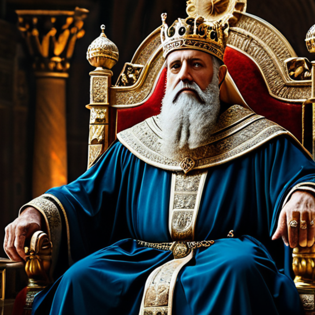A wise King Solomon in regal, modest robes, seated on an ornate throne in an ancient, grand audience chamber. He holds a sceptre as a symbol of his just rule, with a subtle ring visible on his hand. The chamber features intricate, historical architecture and soft, ambient lighting. The atmosphere conveys deep wisdom and serene authority. perfect anatomy, correct proportions, natural pose, well-formed hands, proper finger count, professional portrait photography, high quality, safe for work, appropriate content, fully clothed, professional dress.