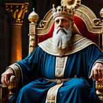 A wise King Solomon in regal, modest robes, seated on an ornate throne in an ancient, grand audience chamber. He holds a sceptre as a symbol of his just rule, with a subtle ring visible on his hand. The chamber features intricate, historical architecture and soft, ambient lighting. The atmosphere conveys deep wisdom and serene authority. perfect anatomy, correct proportions, natural pose, well-formed hands, proper finger count, professional portrait photography, high quality, safe for work, appropriate content, fully clothed, professional dress.