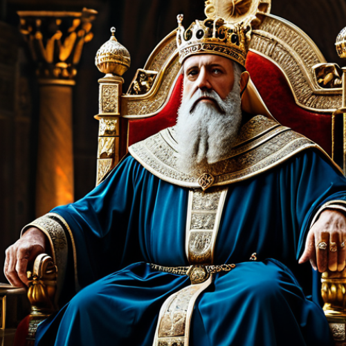 A wise King Solomon in regal, modest robes, seated on an ornate throne in an ancient, grand audience chamber. He holds a sceptre as a symbol of his just rule, with a subtle ring visible on his hand. The chamber features intricate, historical architecture and soft, ambient lighting. The atmosphere conveys deep wisdom and serene authority. perfect anatomy, correct proportions, natural pose, well-formed hands, proper finger count, professional portrait photography, high quality, safe for work, appropriate content, fully clothed, professional dress.