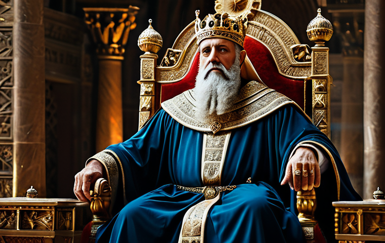 A wise King Solomon in regal, modest robes, seated on an ornate throne in an ancient, grand audience chamber. He holds a sceptre as a symbol of his just rule, with a subtle ring visible on his hand. The chamber features intricate, historical architecture and soft, ambient lighting. The atmosphere conveys deep wisdom and serene authority. perfect anatomy, correct proportions, natural pose, well-formed hands, proper finger count, professional portrait photography, high quality, safe for work, appropriate content, fully clothed, professional dress.