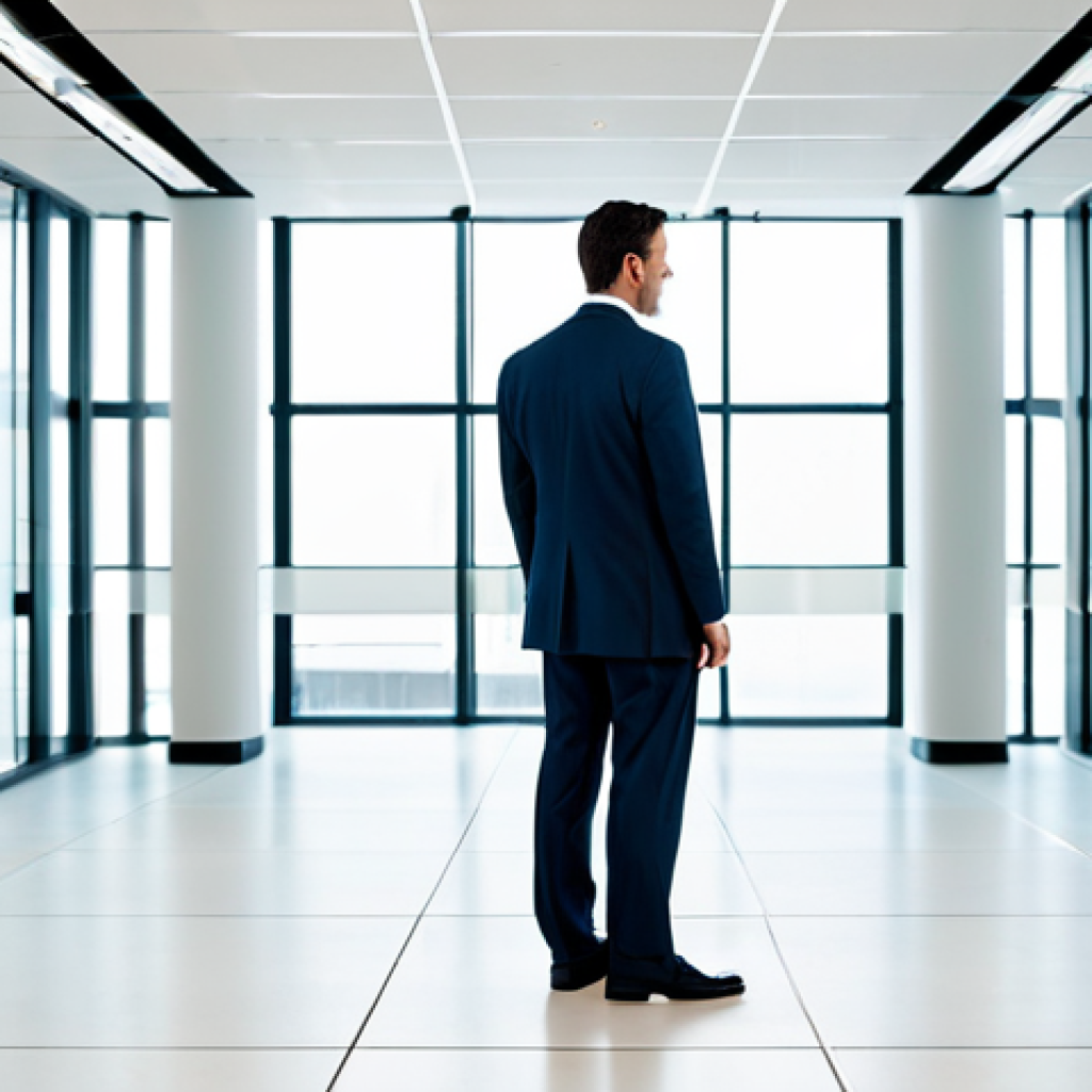 A professional person in a modest business suit, standing confidently at a symbolic crossroad in a clean, brightly lit modern office space. Subtle intersecting lines on the floor represent pathways, with soft, diffused light illuminating a clear path ahead. The subject has a thoughtful yet determined expression, representing the search for direction. Perfect anatomy, correct proportions, natural pose, well-formed hands, proper finger count. Professional photography, high quality, safe for work, appropriate content, fully clothed, family-friendly.