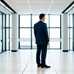 A professional person in a modest business suit, standing confidently at a symbolic crossroad in a clean, brightly lit modern office space. Subtle intersecting lines on the floor represent pathways, with soft, diffused light illuminating a clear path ahead. The subject has a thoughtful yet determined expression, representing the search for direction. Perfect anatomy, correct proportions, natural pose, well-formed hands, proper finger count. Professional photography, high quality, safe for work, appropriate content, fully clothed, family-friendly.