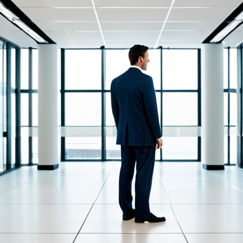 A professional person in a modest business suit, standing confidently at a symbolic crossroad in a clean, brightly lit modern office space. Subtle intersecting lines on the floor represent pathways, with soft, diffused light illuminating a clear path ahead. The subject has a thoughtful yet determined expression, representing the search for direction. Perfect anatomy, correct proportions, natural pose, well-formed hands, proper finger count. Professional photography, high quality, safe for work, appropriate content, fully clothed, family-friendly.