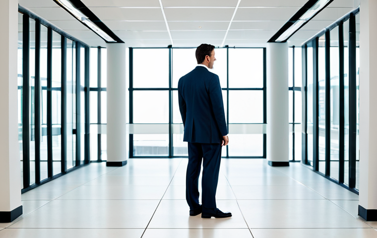 A professional person in a modest business suit, standing confidently at a symbolic crossroad in a clean, brightly lit modern office space. Subtle intersecting lines on the floor represent pathways, with soft, diffused light illuminating a clear path ahead. The subject has a thoughtful yet determined expression, representing the search for direction. Perfect anatomy, correct proportions, natural pose, well-formed hands, proper finger count. Professional photography, high quality, safe for work, appropriate content, fully clothed, family-friendly.